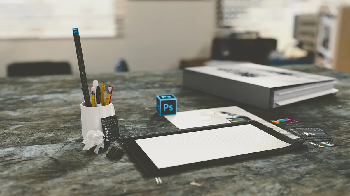 Bureau en journée avec un écran montrant un bouton d'appel à l'action visible et un carnet