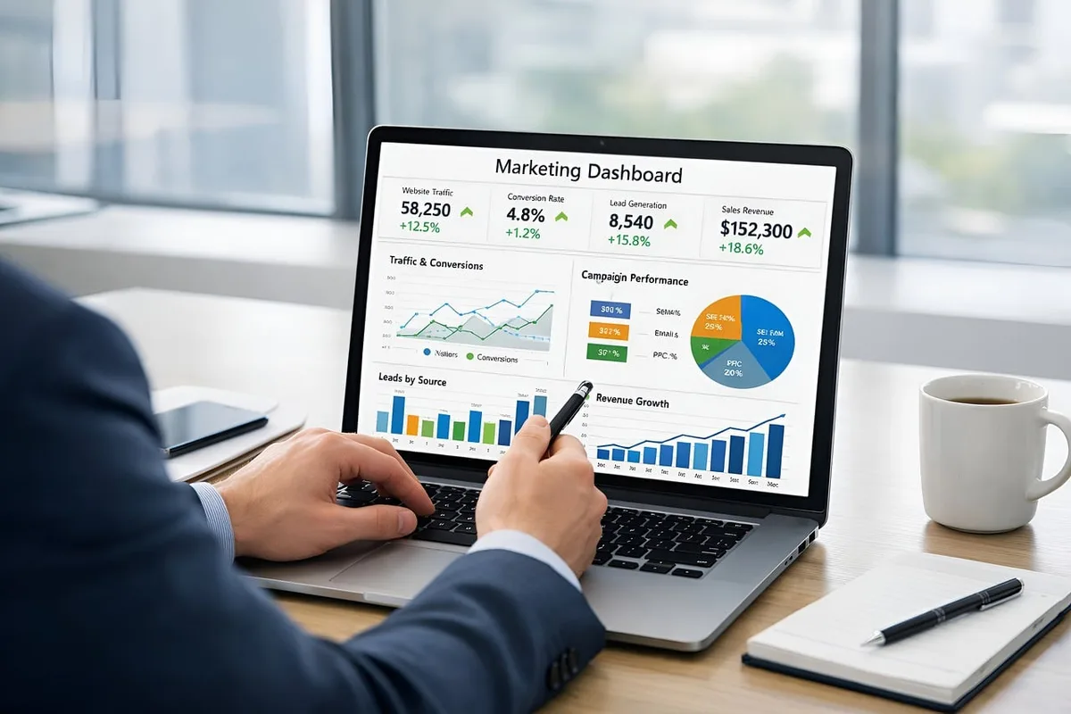 Tablette montrant un tableau de bord RH avec graphiques dans un bureau ensoleillé